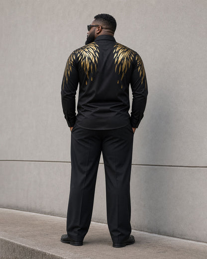 Big & Tall Men's Golden Wings Positioning Printing Business Fashion Long Sleeve Shirt Pants Set