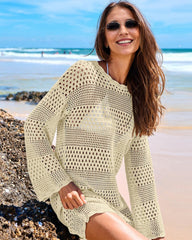 Long Sleeve Crochet Swim Cover Up Beach Dress