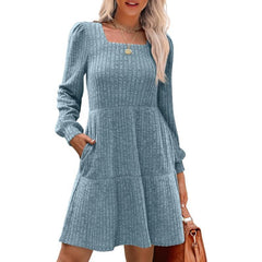 Square Neck Long Sleeve Sweater Dresses With Pockets
