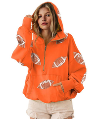 Football Sequin Hoodies Zipper Game Day Sweaters with Pocket