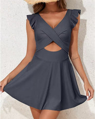 Women's Ruffle Cutout Tummy Control Beach One Piece Swimdress