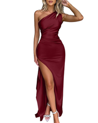 Sexy One Shoulder Satin Dress High Split Cocktail Party Maxi Dress