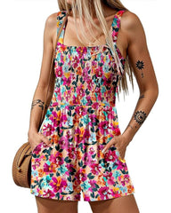 2025 Summer Casual Shrinky Jumpsuit Square Neck Sleeveless Loose Shorts