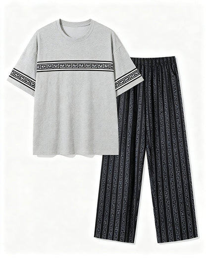 Big & Tall Men's Grey Patchwork Printed T-Shirt Pants Set