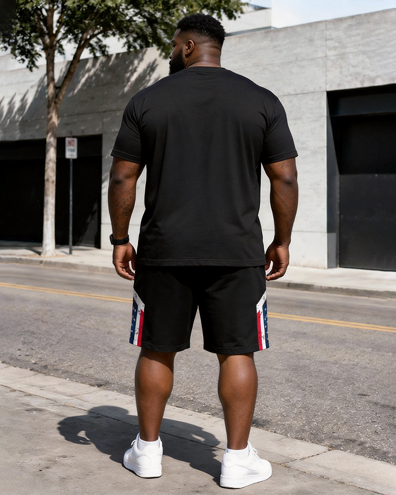 Big & Tall Men's Distressed Flag Route 66 Shield Printed Crew Neck Short Sleeve T-shirt Shorts Set