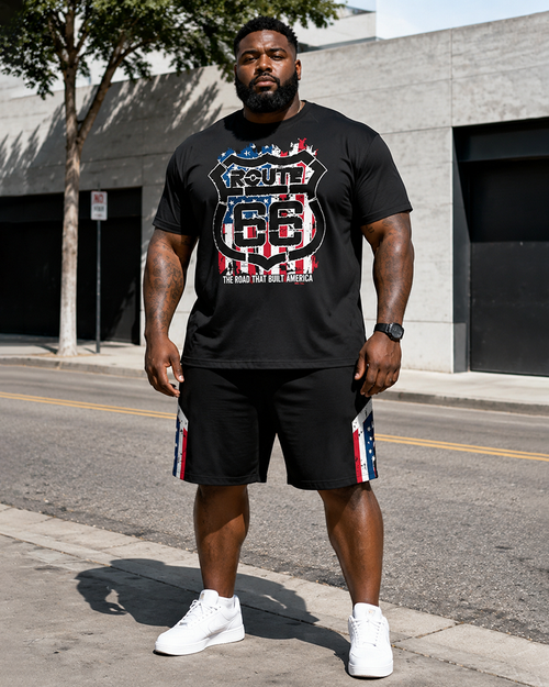 Big & Tall Men's Distressed Flag Route 66 Shield Printed Crew Neck Short Sleeve T-shirt Shorts Set