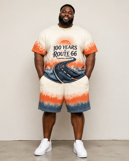 Big & Tall Men's Highway 66 Sunset Highway Gradient Printed Crewneck Short Sleeve T-Shirt Shorts Set