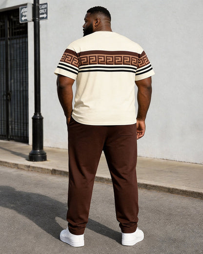 Big & Tall Men's Off-white Contrast Striped Printed T-shirt Trousers Set