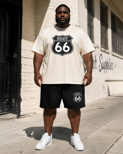 Big & Tall Men's Simple ROOT66 Shield Printed Round Neck Short Sleeve T-Shirt Shorts Set