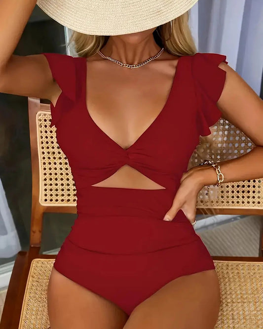 Summer Casual Ruffle Cap Sleeve Deep V Neck Swimwear