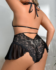 Plus size sexy hollow lace see-through straps crotchless Teddies&Bodysuits