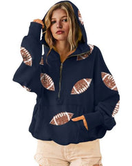 Football Sequin Hoodies Zipper Game Day Sweaters with Pocket