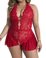 Plus size sexy hollow lace see-through straps crotchless Teddies&Bodysuits