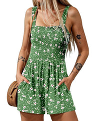 2025 Summer Casual Shrinky Jumpsuit Square Neck Sleeveless Loose Shorts
