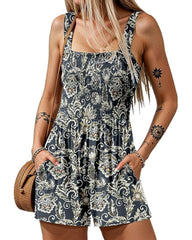 2025 Summer Casual Shrinky Jumpsuit Square Neck Sleeveless Loose Shorts