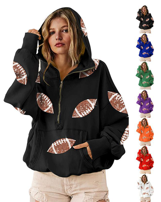 Football Sequin Hoodies Zipper Game Day Sweaters with Pocket