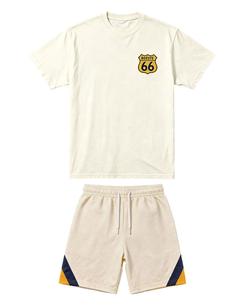 Big & Tall Men's Highway 66 Centennial Yellow Label Shield Printed Crewneck Short Sleeve T-Shirt Shorts Set