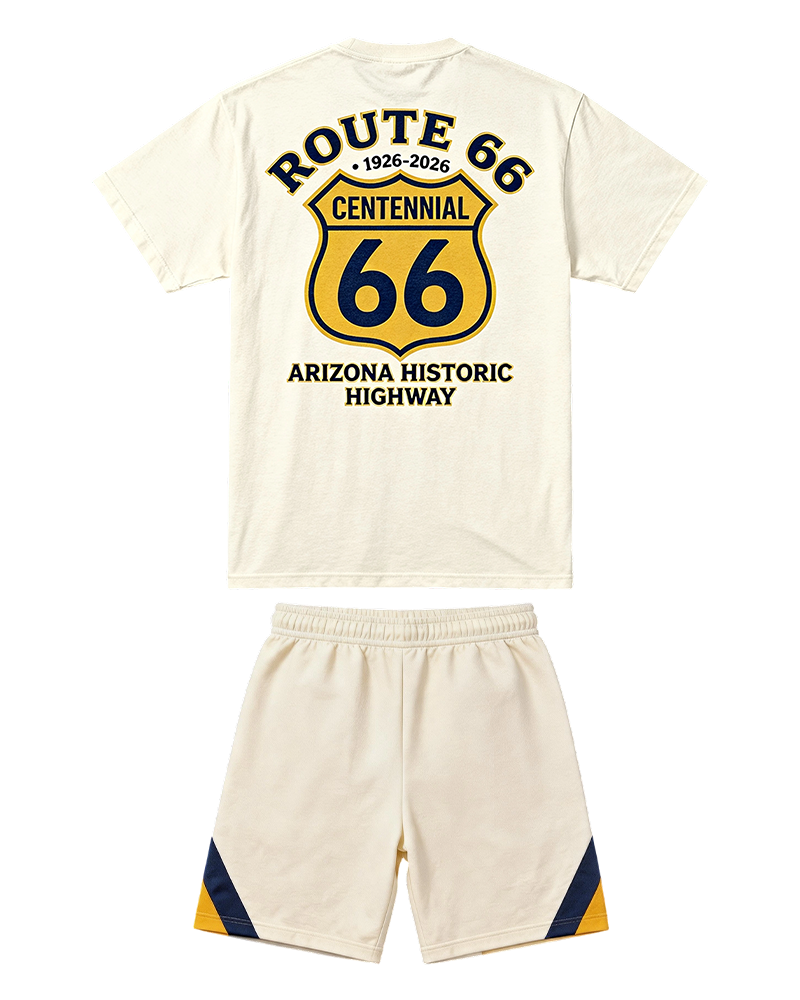 Big & Tall Men's Highway 66 Centennial Yellow Label Shield Printed Crewneck Short Sleeve T-Shirt Shorts Set