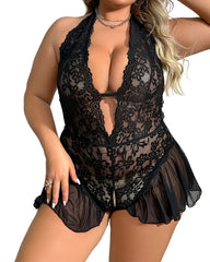 Plus size sexy hollow lace see-through straps crotchless Teddies&Bodysuits
