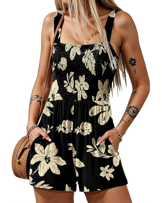 2025 Summer Casual Shrinky Jumpsuit Square Neck Sleeveless Loose Shorts