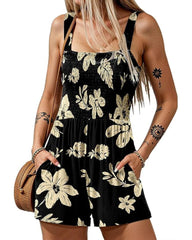 2025 Summer Casual Shrinky Jumpsuit Square Neck Sleeveless Loose Shorts