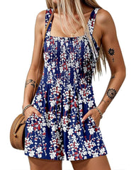 2025 Summer Casual Shrinky Jumpsuit Square Neck Sleeveless Loose Shorts