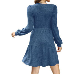 Square Neck Long Sleeve Sweater Dresses With Pockets