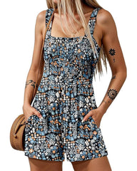2025 Summer Casual Shrinky Jumpsuit Square Neck Sleeveless Loose Shorts