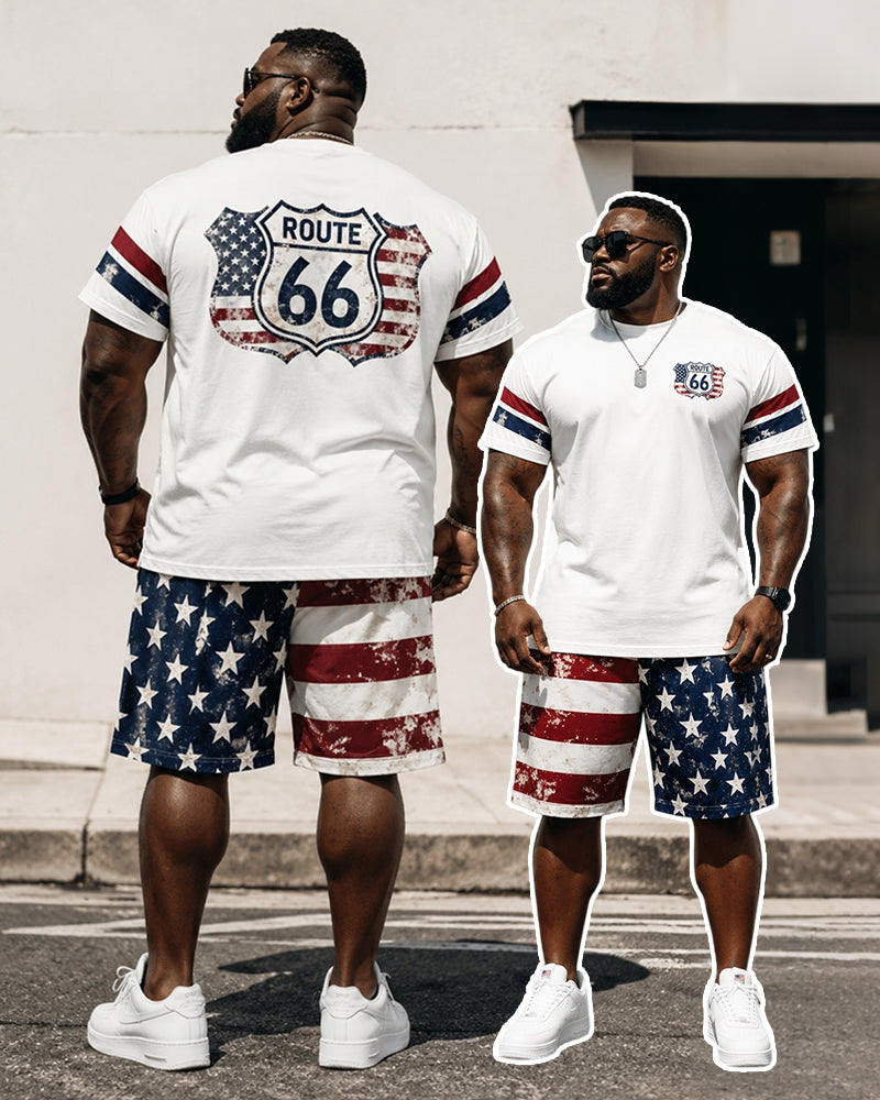 Big & Tall Men's Distressed Flag Road 66 Printed Crew Neck Short Sleeve T-shirt Shorts Set