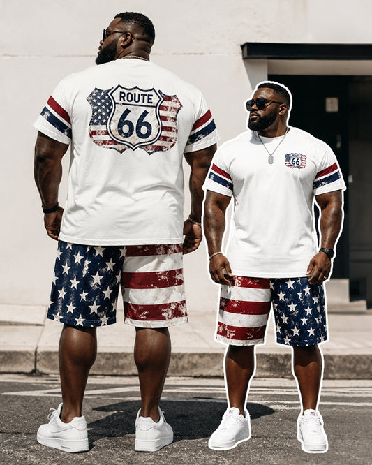 Big & Tall Men's Distressed Flag Road 66 Printed Crew Neck Short Sleeve T-shirt Shorts Set