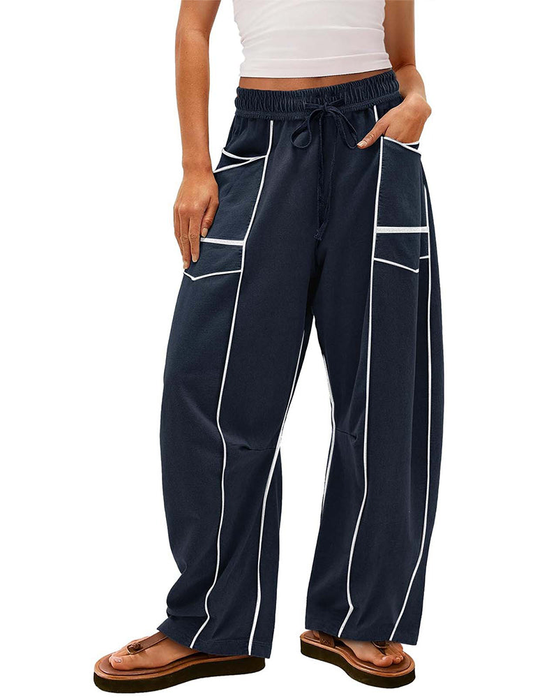 Women's Baggy Barrel Pants Wide Leg Drawstring Pockets Sweatpants