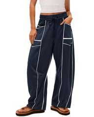 Women's Baggy Barrel Pants Wide Leg Drawstring Pockets Sweatpants