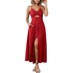 Women Solid Color Side Slit Spaghetti Strap Midi Dress