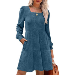 Square Neck Long Sleeve Sweater Dresses With Pockets