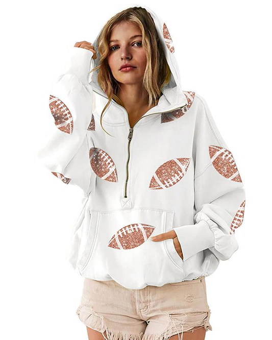 Football Sequin Hoodies Zipper Game Day Sweaters with Pocket