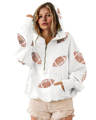 Football Sequin Hoodies Zipper Game Day Sweaters with Pocket