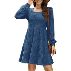 Square Neck Long Sleeve Sweater Dresses With Pockets