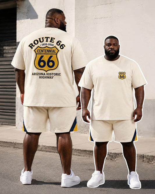 Big & Tall Men's Highway 66 Centennial Yellow Label Shield Printed Crewneck Short Sleeve T-Shirt Shorts Set