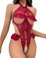 Soft Lace Cut-out Ruffle Trim crotchless Teddy Bodysuit lingerie