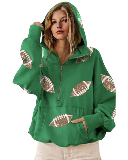 Football Sequin Hoodies Zipper Game Day Sweaters with Pocket