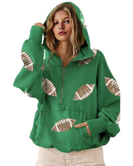 Football Sequin Hoodies Zipper Game Day Sweaters with Pocket