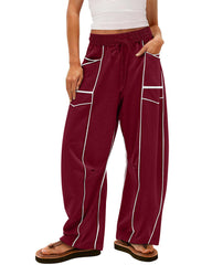 Women's Baggy Barrel Pants Wide Leg Drawstring Pockets Sweatpants