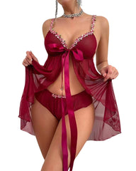 Sexy women's mesh lace front open nightdress set