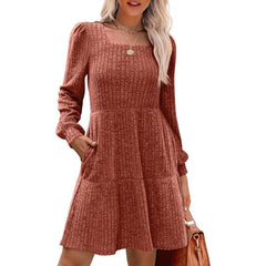 Square Neck Long Sleeve Sweater Dresses With Pockets