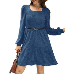 Square Neck Long Sleeve Sweater Dresses With Pockets