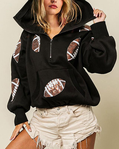 Football Sequin Hoodies Zipper Game Day Sweaters with Pocket