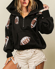 Football Sequin Hoodies Zipper Game Day Sweaters with Pocket