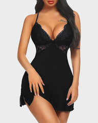 Lace Trim Slit Sleep Dress Babydoll T Shirt Nightgowns
