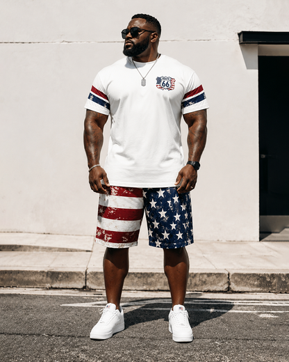 Big & Tall Men's Distressed Flag Road 66 Printed Crew Neck Short Sleeve T-shirt Shorts Set