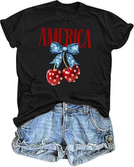 4th of July American Flag Cherry Bow T-Shirt
